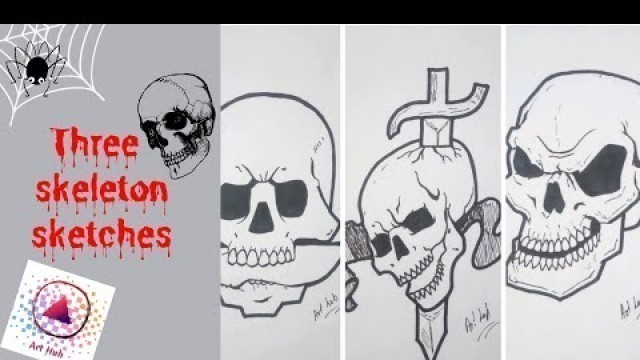 'Three skeleton sketches | skull sketches | three drawing | Art Hub'