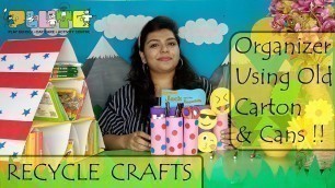 'RECYCLE CRAFT Organizer Using Old Carton & Cans for Kids| Reuse Reduce Recycle| Reusing Old Carton'