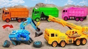 'JCB car toy, Crane, Dinosaurs find and assemble Excavator - helping others in need - lesson for kids'