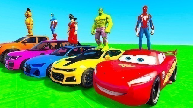 'SPIDERMAN McQueen Ramp Challenge JUMP ! SUPERHERO HULK IronMan Goku Mack Truck Disney Cars 3 - GTA V'