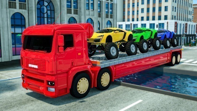 'Giant Truck Crosses Giant Pit with Colored Sports Cars | Wheel City Heroes(WCH) Police Truck Cartoon'