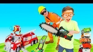 'Fire Trucks, Lawn Mower Truck, Garbage Truck toy for Kids | gas go lawn mower toy | min min playtime'