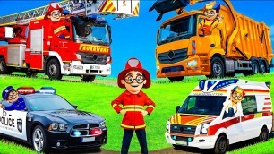 'Toy Hunt, Ambulance, Fire Truck, Train, Dump Truck, Animal Transport Truck, Car Transport Truck'
