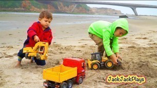 'Construction Toy Trucks at Beach - Kids Playing with Toys in Sand - Excavators, Backhoe and More!'
