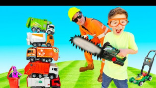 'Garbage Truck Toys, Lawn Mower, Police Car Ride On for Kids Video | blippi toys | min min playtime'