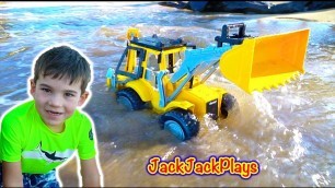 'Playing with Toy Trucks at Beach - Unboxing Diggers + Backhoe and Bulldozer'