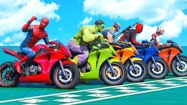 'TEAM SPIDERMAN and MOTORCYCLES with Hulk, Deadpool and SUPERHEROES Parkour Challenge SKY RAMP  - GTA'