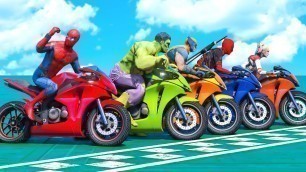 'TEAM SPIDERMAN and MOTORCYCLES with Hulk, Deadpool and SUPERHEROES Parkour Challenge SKY RAMP  - GTA'