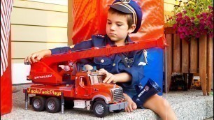 'Big Toy Trucks Surprise Unboxing by Police - Bruder Garbage Trucks, Fire Engine, and Crane'