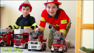 'Firefighter Costume Pretend Play! Fire Trucks and Emergency Vehicle Toys for Kids! | JackJackPlays'