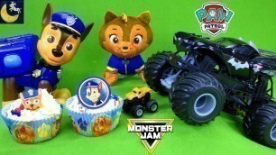 'Paw Patrol Toys Make Cupcakes for Monster Jam Trucks Birthday! Best Kids Toy Stories Cooking Video!'
