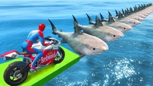 'SPIDERMAN and Motorcycles with Shark Obstacles Superheroes Challenge - GTA 5'