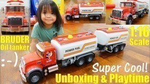 'Children\'s TOY TRUCKS: New Bruder Truck! A MACK Oil Tanker Toy Truck Unboxing and Playtime'