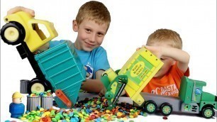 'Garbage Trucks for Children! | Mike and Jake Pretend Play with Toys Garbage Trucks and M&M\'S Car toy'