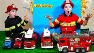 'Firefighter Costume Pretend Play! Toy Fire Trucks for Kids | JackJackPlays'