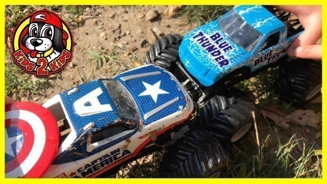 'Hot Wheels Monster Jam Toy Trucks Playing & Racing - Blue Thunder & Captain America Play at the Park'