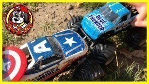 'Hot Wheels Monster Jam Toy Trucks Playing & Racing - Blue Thunder & Captain America Play at the Park'
