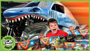 'Dinosaurs & Giant Trucks! Monster Jam Adventure with Kids Surprise Toys & Life Size Dinosaur Escape'