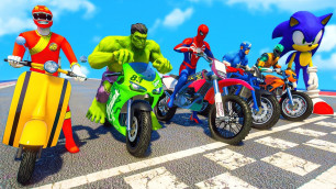 'SPIDERMAN & POWER RANGERS w/ ALL SUPERHEROES Racing Motorcycles Event Day Competition Challenge #111'